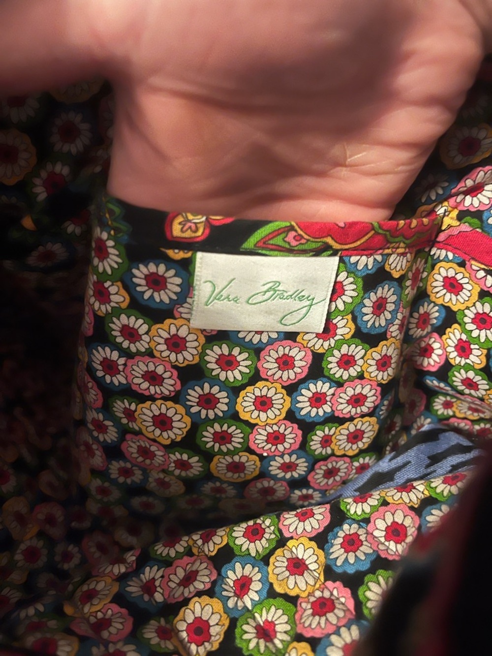 Vera Bradley Black Tote with Multicolor Daisy Floral Print and cute blue scarf